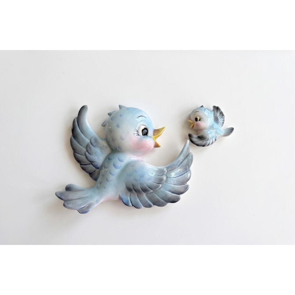 Lefton 1957 Bluebird Wall Plaques Mama Baby Ceramic MCM Japan Vintage Set of 2